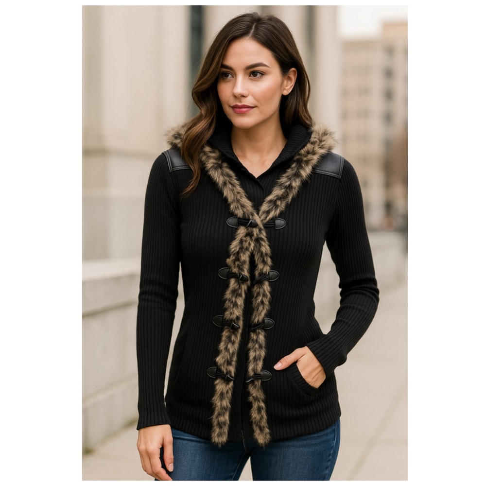 Boston Proper Black Faux Fur Trim Hooded Ribbed Cardigan Sweater M